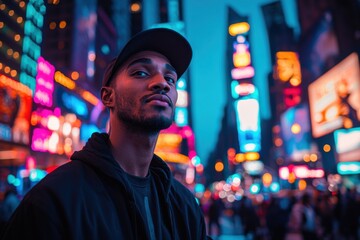 Fototapeta premium Vibrant night life experience of a young man in times square new york urban photography neon lights street view