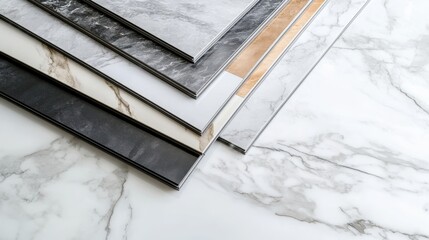 marble texture, stone tiles, luxury flooring samples, interior design materials, grey and beige tones, natural stone patterns, modern home decor, high-end finishes, elegant surfaces, showroom display,