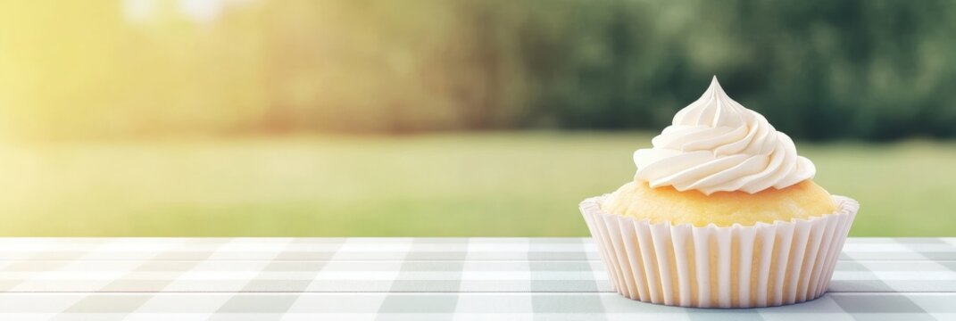 Single Vanilla Cupcake Outdoors - A single vanilla cupcake with creamy frosting sits on a checkered table outdoors, bathed in soft sunlight.