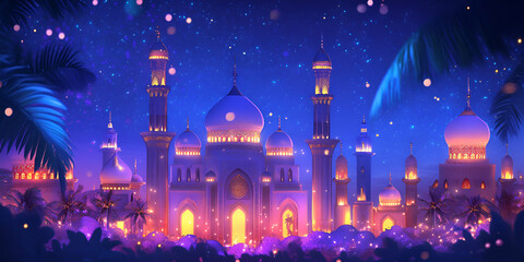 Festive Night Scene with Glowing Lights and Decorations