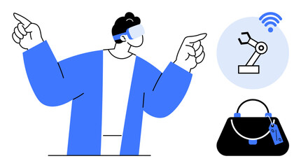 Man wearing VR headset points to robotic arm and shopping bag, representing smart industry automation and e-commerce. Ideal for technology, virtual reality, automation, smart industry, e-commerce