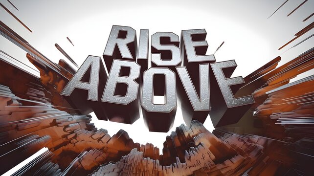 Bold metallic text 'RISE ABOVE' emerges dynamically from a fragmented background of jagged earthy tones, creating a sense of motion and energy.
