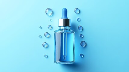 Blue Serum Bottle with Dropper on Blue Background