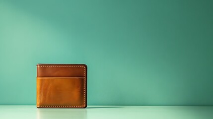 Product banner of a leather wallet against a soft green background, room for text at the bottom
