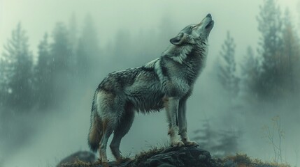 A perfect closeup of a wolf standing in foggy weather in jungle seeing upwards