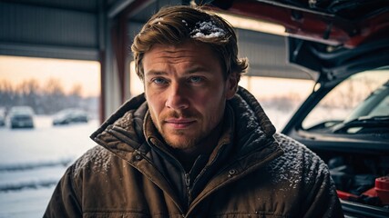 Dedicated male auto mechanic working diligently in a snowy workshop while focusing on reviving an old vehicle just after sunrise