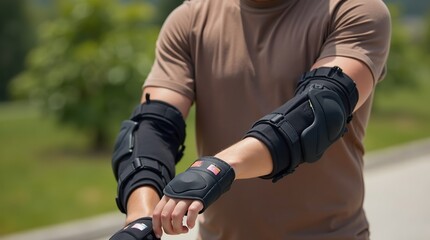 Close-Up of Person Adjusting Protective Black Elbow Pads Outdoors in Casual Attire