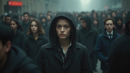 Obraz premium Solitary Individual in a Crowd of People Amid a Foggy Atmosphere