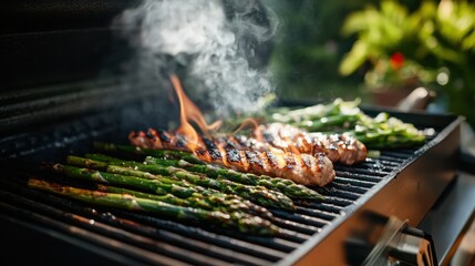 Grilled asparagus and sausages on bbq with steam and flames outdoors National Asparagus Day