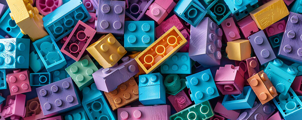 Close-up of vibrant interlocking plastic bricks in a whimsical, artistic setting