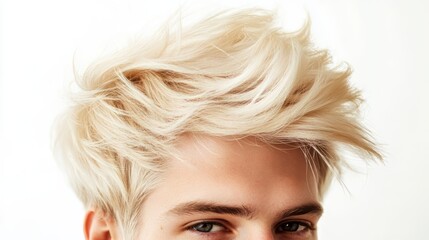 Naklejka premium Close-up of a Man's Stylish Blond Hair. Modern Hairstyle for Men with Short, Textured, and Light Blonde Hair.