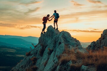 Fototapeta premium Adventurers reach the summit at sunset in a stunning mountain landscape