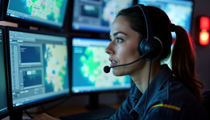 Woman emergency service dispatcher in tech control center. Speaks into headset monitoring tracking maps on multiple screens. Emergency call response, assistance coordination in progress. Modern tech