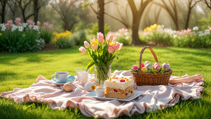 A picnic basket filled with colorful Easter eggs sits on a blanket in a blooming spring garden