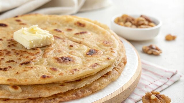 Close-up shot of the soft and fluffy interior of a puran poli, indian dessert, food texture, puran poli, round shape