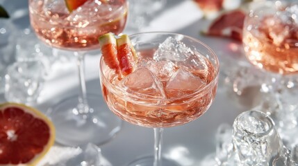 Elegant glasses of refreshing pink cocktails with ice and grapefruit garnish in sunlight Pink Negronis