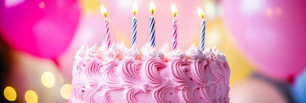 Bright Festive Pink Birthday Cake with Candles - A delightful pink birthday cake, adorned with lit candles, symbolizes celebration, joy, sweetness, wishes, and new beginnings.  Perfect for festive occ