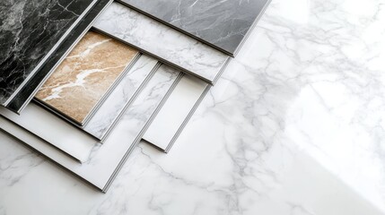 Fototapeta premium marble texture, stone tiles, luxury flooring samples, interior design materials, grey and beige tones, natural stone patterns, modern home decor, high-end finishes, elegant surfaces, showroom display,