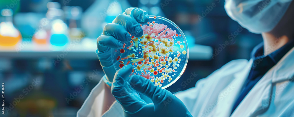 Poster Close-up of a microbiologist studying colorful bacterial colonies on agar in a laboratory setting