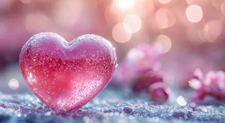 Obraz premium Sparkling Pink Glass Heart on Frost Romantic Valentine s Day Image