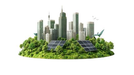 Earth Day PNG file, green city with trees and solar panels, symbolizing urban sustainability and eco-friendly living, isolated on white