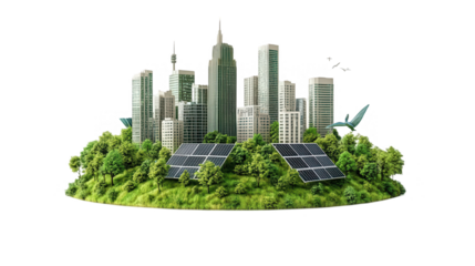 Earth Day PNG file, green city with trees and solar panels, symbolizing urban sustainability and eco-friendly living, isolated on white