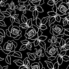 Black Roses Elegant Gothic Dark Style on Black Background Vector Seamless Repeat Textile Pattern Graphic Art 