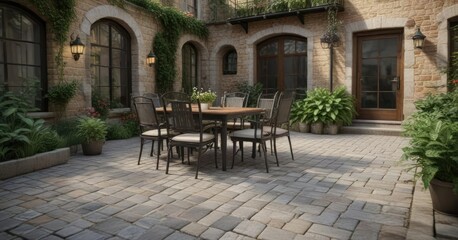 Cobblestone patio with outdoor furniture and plants, patio, outdoor living, cobblestone