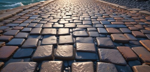 Cobblestone pavement cracked by the ocean's force , ocean erosion, rock cracks, cobblestone pavement