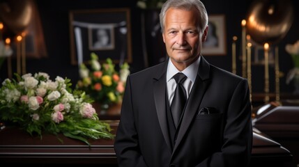 Elderly caucasian male in black suit at elegant funeral with floral arrangements and candles National Funeral Director and Mortician Recognition Day