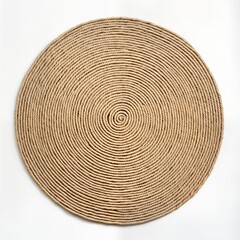 Round beige rug isolated on white backdrop. Circular texture crafted from intertwined fibers. Minimalist design. Stylish decor piece. Perfect for home interior. High quality, clean craft. Suitable