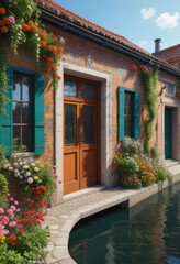 Colorful mosaic tile canal house with blooming flowers and vines, canal house, outdoor decor