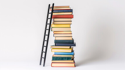 Books on a black ladder against a white background