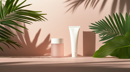  minimalist skincare packaging with tropical leaves and soft shadows on peach background, perfect for beauty product branding and advertising