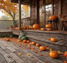 Cozy autumn scene with fallen maple leaves and pumpkins on a wooden porch, warm, fall