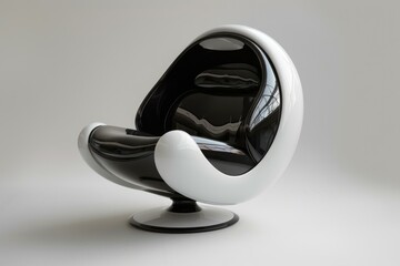 Futuristic egg shaped armchair rotating on swivel base, combining black and white glossy plastic, embodying modern design