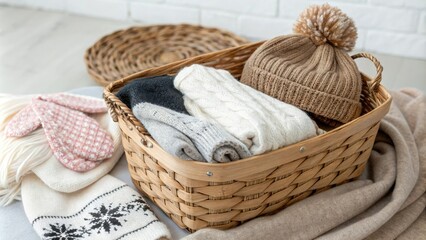 Obraz premium Cozy natural fiber wooden basket filled with cozy winter clothes and accessories, home decor, winter clothes, natural fiber, cozy basket, accessories