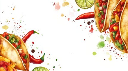 Aquarelle Painting of Tasty Tacos with Chili Pepper and Lime