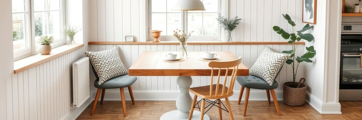 Cozy Scandinavian breakfast nook with wooden table top and comfortable chairs, soft focus blur, cozy atmosphere, natural wood tone