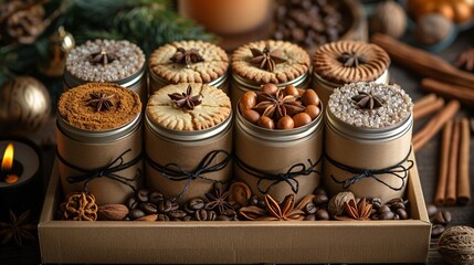 Different metal jars filled with biscuit cookies served with coffee beans placed on wooden box
