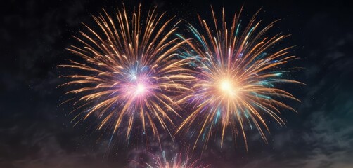 Fototapeta premium Colorful firework burst with shimmering particles, colorful fireworks, luminous fragments