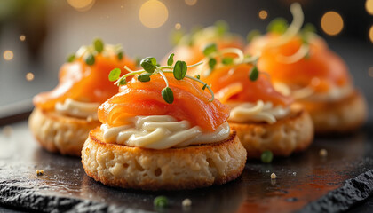 Elegant cheese blini topped with smoked salmon, luxurious appetizer