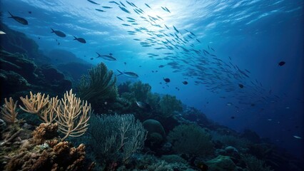 Fototapeta premium Dark blue ocean background with schools of fish and oceanic plants, endless sea, aquatic colors, natural scenery