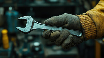Worker's Gloved Hand Holding Adjustable Wrench in Workshop Setting