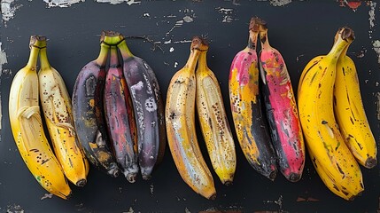 A set of beautiful painted bananas in different colors placed on dark surface