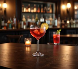Dark wooden table with elegant glassware and a single expensive cocktail in a dimly lit posh bar , leather armchairs, cocktails