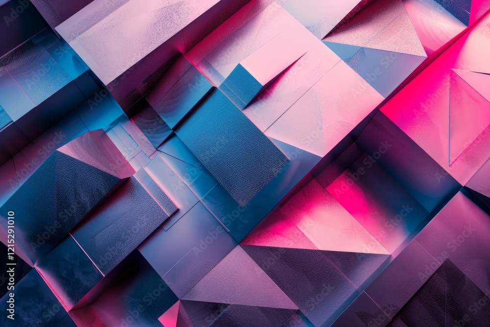Poster abstract geometric background showcasing interlocking cubes and triangles illuminated with vibrant p