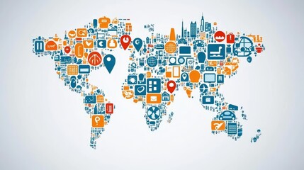 Naklejka premium Global Connectivity: Technology and Social Media Icons Forming a World Map