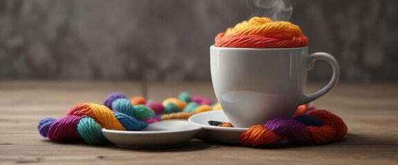Colorful yarn wrapped around a cup of steaming coffee, fiber arts, knitted blanket