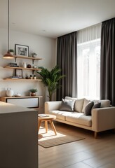 Fototapeta premium Empty modern flat interior bright, clean living area. Beige couch with gray pillows sits near large window with dark drapes. Natural light streams in. Wooden coffee table, shelving display design